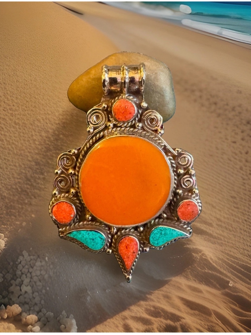 Handcrafted Ethnic Tibetan Amber Resin & Stones Pendant Set In Silver,3”in,30gr - Picture 2 of 8